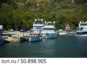 Utrish, Russia - September 07, 2022: Port and parking for yachts and ships. Редакционное фото, фотограф Наталия Кирсанова / Фотобанк Лори