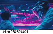 Two individuals immersed in a vibrant glowing digital world through advanced extended reality headwear. Стоковое AI-видео, аниматор Данила Большаков / Фотобанк Лори
