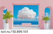 Whimsical Dreamlike Escape Featuring a Massive Floating Cloud Over a Tranquil Blue Ocean, Framed by Modern Pink Architecture. Стоковое AI-видео, аниматор Данила Большаков / Фотобанк Лори