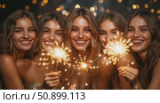 A happy ensemble of five ladies, their bright smiles reflecting the golden light of vibrant sparklers, embodying friendship and fun on a celebratory night. Стоковое AI-видео, аниматор Данила Большаков / Фотобанк Лори