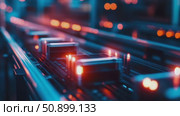 Dynamic industrial automation sequence featuring luminous electronic units advancing along a modern assembly line. Стоковое AI-видео, аниматор Данила Большаков / Фотобанк Лори