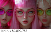 Pink Triptych: Fashionable Trio with Colorful Glasses, Stylish Bangs and Youthful Vibe, Perfect as Print for Teen Room or Unique Greeting Card. Стоковое AI-изображение, AI-художник Данила Большаков / Фотобанк Лори