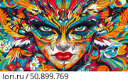 Colorful Fantasy: Abstract Painted Portrait with Floral and Ornamental Elements. Стоковое AI-изображение, AI-художник Данила Большаков / Фотобанк Лори