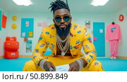 Dapper Dude in Yellow Suit: A splash of vibrant color and confident inscription in a whimsical, playful setting, print or social post. Стоковое AI-изображение, AI-художник Данила Большаков / Фотобанк Лори