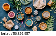 Vibrant Palette of Global Cuisine: Spices, Noodles, Condiments, and Fresh Herbs Overhead Flat Lay for Culinary Inspiration. Стоковое AI-изображение, AI-художник Данила Большаков / Фотобанк Лори