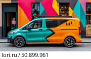 A vividly painted van parked against a backdrop of bold geometric murals. Стоковое AI-изображение, AI-художник Данила Большаков / Фотобанк Лори