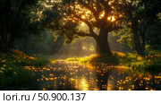 Golden Hour Tranquility: A Sun-Drenched Forest Glade with Glimmering Pond, Evoking Peace and Serenity. Стоковое AI-изображение, AI-художник Данила Большаков / Фотобанк Лори