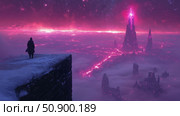 Otherworld Gaze: A lone figure contemplating a futuristic cityscape under a vibrant magenta sky and starlight. Стоковое AI-изображение, AI-художник Данила Большаков / Фотобанк Лори