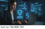 Businesswoman analyzing risk assessment and strategy with interactive holographic display technology. Стоковое AI-видео, аниматор Владимир Федоров / Фотобанк Лори
