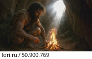 Ancient human tending fire in cave: survival, adaptation, and discovery. Стоковое AI-видео, аниматор Владимир Федоров / Фотобанк Лори