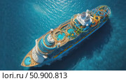 Luxurious cruise ship gliding in turquoise waters with vibrant water slides and pools. Стоковое AI-видео, аниматор Владимир Федоров / Фотобанк Лори