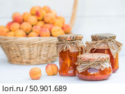 Preservation and summer harvest. Homemade healthy jelly, apricot jam. Preparing jars. Sweets and fruits. Стоковое фото, фотограф Photojuli / Фотобанк Лори