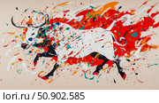 Dynamic Expressionist Painting of a Rushing Bull, Rendered in Bold Splashes of Color on Textured Canvas. Стоковое AI-изображение, AI-художник Данила Большаков / Фотобанк Лори