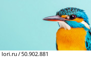 Close-up Portrait of a Colorful Kingfisher on Light Turquoise. Стоковое AI-изображение, AI-художник Данила Большаков / Фотобанк Лори