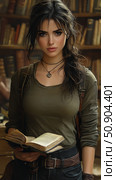 Archaeologist in Library Reading Ancient Tome, Concept: Adventure and Knowledge. Стоковое AI-изображение, AI-художник Данила Большаков / Фотобанк Лори
