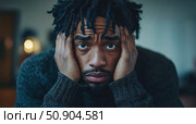 Mental health concept: Portrait of a troubled man with hands on his face, displaying anxiety, depression, or a feeling of being overwhelmed. Стоковое AI-изображение, AI-художник Данила Большаков / Фотобанк Лори
