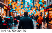 Winter street scene with person looking at lights. Стоковое AI-изображение, AI-художник Данила Большаков / Фотобанк Лори