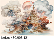 A fantastic watercolour illustration of a fairytale castle standing on a rocky island surrounded by magical trees and soft clouds. Fantasy shapes, muted pastel colours and a surreal atmosphere create a feeling of dream, mystery and a wonderful world. Suitable for fantasy themes, fairy tales, book covers, board games, children's story illustrations and magical worlds. Стоковое AI-изображение, AI-художник Анна Кривицкая / Фотобанк Лори