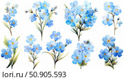 Set of forget-me-not flowers on white background, watercolor illustration. Стоковое AI-изображение, AI-художник Екатерина Красникова / Фотобанк Лори