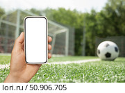 Man use mobile phone. of football on field as background. Стоковое фото, фотограф Светлана Лажко / Фотобанк Лори
