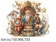 Fairytale fantasy illustration: three wizards sitting surrounded by bizarre plants, magical creatures and ancient objects. The central figure is an old man with a long beard, surrounded by the mysterious atmosphere of the forest. Rich detailing, saturated with fantasy and warm shades create the atmosphere of an ancient tale or legend. Ideal for book illustrations, board games, role-playing projects, magical stories and fairy tales. Стоковое AI-изображение, AI-художник Анна Кривицкая / Фотобанк Лори