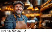 Bartender Serving Craft Beers at a Lively Brewpub During the Evening. Стоковое AI-изображение, AI-художник Юлия Гапеенко / Фотобанк Лори