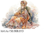 A watercolor portrait of a woman in luxurious traditional attire, seated on a richly decorated chair. The detailed clothing with embroidery, flowers and patterns conveys an atmosphere of palace elegance. The headdress is decorated with jewels, and the pose and facial expression reflect dignity, grace and nobility. This work is done in the classic watercolor technique with soft transitions and fine detailing. Suitable for themes about culture, history, traditions, costumes, art. Стоковое AI-изображение, AI-художник Анна Кривицкая / Фотобанк Лори