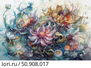 A bright fantasy illustration with flowers, made in watercolor technique. Abstract petals and curls intertwine into a dynamic composition reminiscent of a fairytale garden or magical flora. The multi-color palette includes soft transitions of blue, pink, yellow and green shades. The picture evokes a feeling of grace, dreaminess and inspiration. Suitable for design, decor, printing on textiles, postcards and posters. Стоковое AI-изображение, AI-художник Анна Кривицкая / Фотобанк Лори
