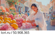 Flower Market: Woman in white veil arranges a fresh blossom arrangement on a stall in a busy middle eastern marketplace. Стоковое AI-изображение, AI-художник Данила Большаков / Фотобанк Лори