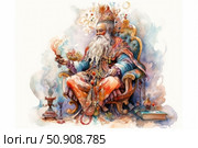 A magical old man with a long white beard in lush oriental clothes, sitting on an elegant throne surrounded by mystical objects. His outfit is decorated with jewelry, and in his hand he holds a burning lamp or a magic wand. The watercolor style gives the image a fabulous softness and an atmosphere of ancient wisdom. Ideal for themes of fantasy, magic, oriental philosophy and legends. Стоковое AI-изображение, AI-художник Анна Кривицкая / Фотобанк Лори