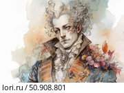 Watercolor portrait of a man in the Baroque or Rococo style. His face is decorated with noble scars, his hair is styled in an elaborate high hairstyle, his clothes are richly decorated with flowers and gold elements. The facial expression is thoughtful and detached. The illustration combines the aesthetics of the noble era and elements of fantasy. Ideal for book design, board games, music covers and projects in the genre of historical or fairy-tale fantasy. Стоковое AI-изображение, AI-художник Анна Кривицкая / Фотобанк Лори