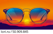 Sunset vision: A pair of spectacles reflect a vivid sunset above a silhouette of forest, creating a summer vibe illustration for print and creative promotion. Стоковое AI-изображение, AI-художник Данила Большаков / Фотобанк Лори