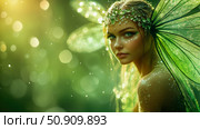 Enchanting Summer Concept: Portrait of a beautiful woodland sprite with jeweled headpiece and iridescent wings. Стоковое AI-изображение, AI-художник Данила Большаков / Фотобанк Лори