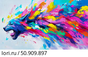 Abstract Colorful Lion Head with Open Mouth, painted with dynamic brush strokes. Стоковое AI-изображение, AI-художник Данила Большаков / Фотобанк Лори