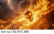 Concept: Supernatural power, Flaming skull engulfed in fiery inferno with smoke and particle effect. Стоковое AI-изображение, AI-художник Данила Большаков / Фотобанк Лори