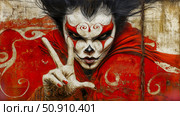 Sinister Jester Portrait with Red Details and Painted Peace Sign. Стоковое AI-изображение, AI-художник Данила Большаков / Фотобанк Лори
