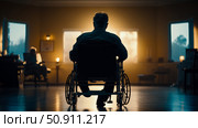 Rear view of a seated senior man in a wheelchair gazing out of the window, indoor confinement concept. Стоковое AI-изображение, AI-художник Данила Большаков / Фотобанк Лори