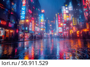 A city street on a rainy night, illuminated by bright neon signs. The atmosphere immerses you in the world of cyberpunk and Asian metropolis. Wet asphalt reflects the lights, creating a play of color and light. The street is full of life despite the rain: silhouettes of passersby and movement hidden behind a veil of water. Suitable for themes of urbanism, futurism, cyber aesthetics, nightlife and visual storytelling. Стоковое AI-изображение, AI-художник Анна Кривицкая / Фотобанк Лори