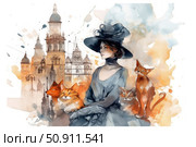 An elegant vintage-style watercolor illustration of a woman wearing a hat from the early 20th century against the backdrop of an old European city. Ginger cats nestle around her, giving the scene a warm, dreamy feel. The color palette is soft, with ochre, gray-blue, and watercolor-washed tones predominating. This composition combines retro aesthetics, a love of cats, and nostalgic romance. Стоковое AI-изображение, AI-художник Анна Кривицкая / Фотобанк Лори
