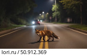 Be careful. A scene on a busy road a fox runs across a dangerous section of road and looks into the frame. Стоковое AI-видео, аниматор ketpro.design / Фотобанк Лори