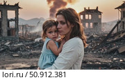 A sad scene, the destruction of an apartment building, a mother with a child against the background of smoking destroyed houses. Стоковое AI-видео, аниматор ketpro.design / Фотобанк Лори