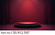 Luxurious red velvet curtains surrounding glowing circular stage for premium product unveiling or glamorous performance in theater setting. Стоковое AI-изображение, AI-художник Павел Муравьев / Фотобанк Лори