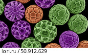 Colorful pollen grains under microscope, science background with microscopic cells for allergy research and biology education theme showing detailed organism texture. Стоковое AI-изображение, AI-художник Павел Муравьев / Фотобанк Лори