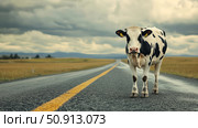 safety cow in road ai generated. Стоковое AI-изображение, AI-художник Vectorwin / Фотобанк Лори