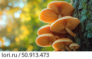spores mushrooms on tree ai generated. Стоковое AI-изображение, AI-художник Vectorwin / Фотобанк Лори