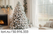 realistic flocked christmas tree ai generated. Стоковое AI-изображение, AI-художник Vectorwin / Фотобанк Лори