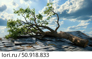 repair fallen tree on roof ai generated. Стоковое AI-изображение, AI-художник Vectorwin / Фотобанк Лори