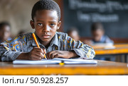An African child writes in class.A focused young black student writes in a notebook while sitting in class, presenting education, studies, child development, and schoolwork. Стоковое AI-изображение, AI-художник Анна Чижова / Фотобанк Лори