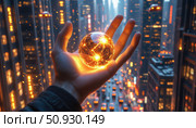 A hand holding a glowing ball in a cityscape. Стоковое AI-изображение, AI-художник Ярославский Максим / Фотобанк Лори