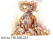 Watercolor illustration of an elegant 18th century lady in a luxurious historical dress and a wide-brimmed hat with flowers and feathers. The woman is depicted in profile, with an aristocratic posture and a slight half-smile, conveying confidence and nobility. The textures of the fabric, lace and decorations are worked out in detail, which emphasizes the atmosphere of the Rococo era. Ideal for themes related to the history of fashion, costume, art, culture and theater. Стоковое AI-изображение, AI-художник Анна Кривицкая / Фотобанк Лори